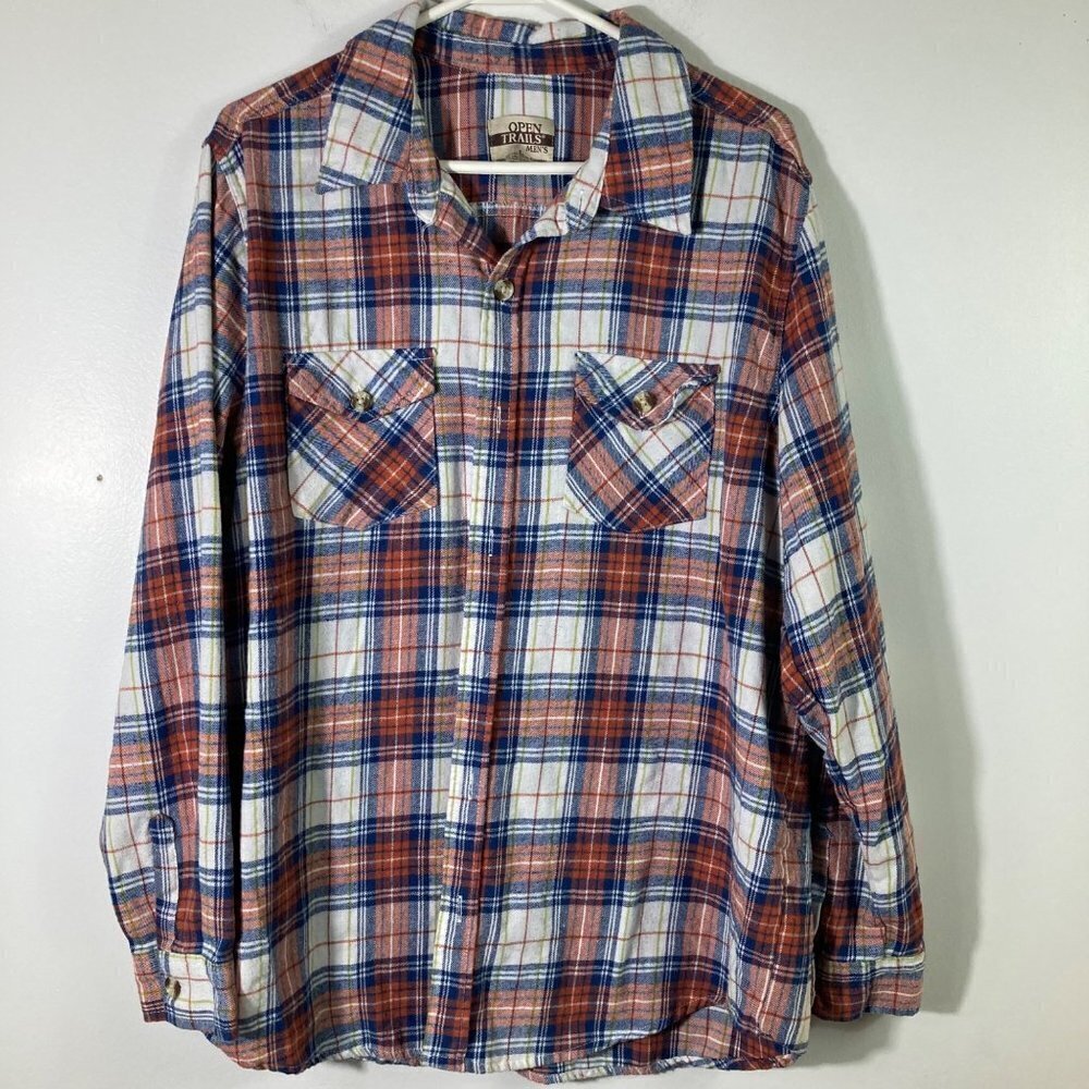 Mens Open‎ Trails Plaid Flannel Red White Blue L Cotton Poly